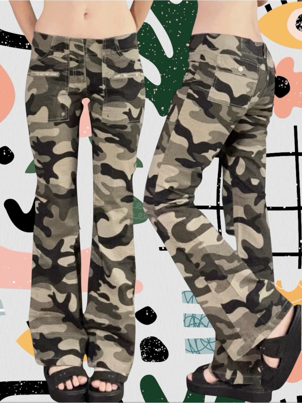 Younique | Vintage Y2K Green Camo Print Low Rise Flare Pants
